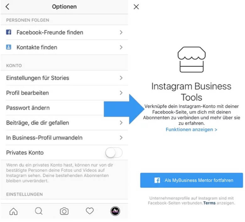Instagram für Unternehmen: Mit Facebook verbinden
